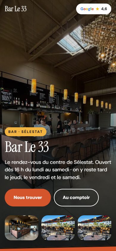 Le site du Bar le 33 sur un téléphone